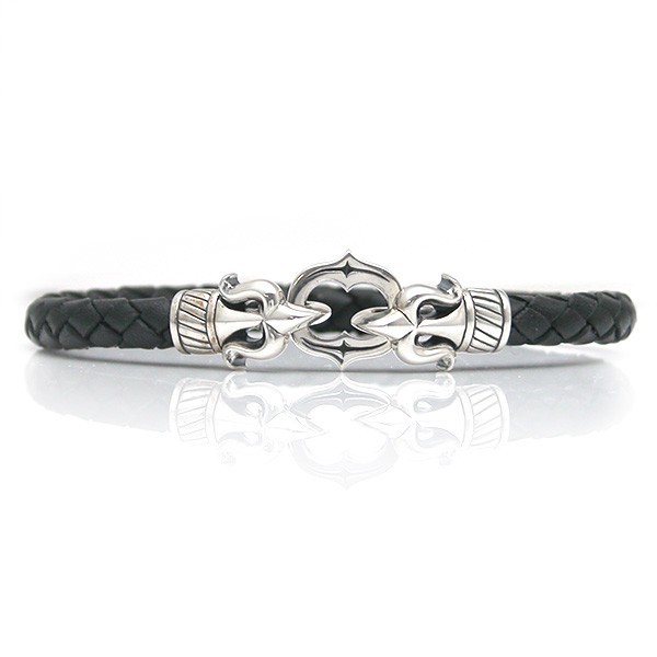 送料無料 【ARCO E FRECCIA】　唐草模様 編革レザーブレスレット（ブラック）×シルバー [DB-089]