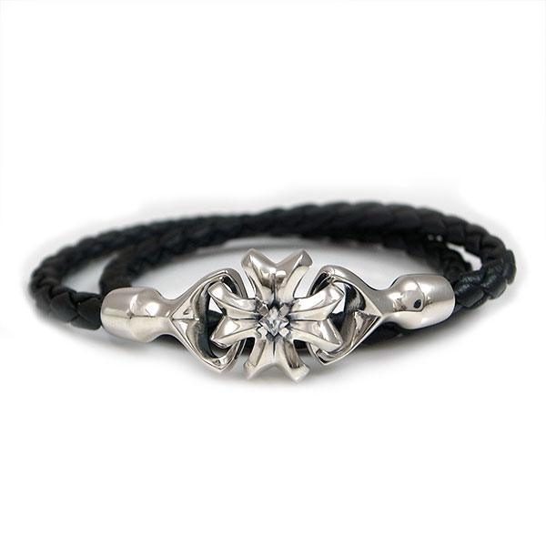 送料無料 【Glass】　クロス キュービックジルコニア×レザー×シルバーブレスレット [DB-176CZ]