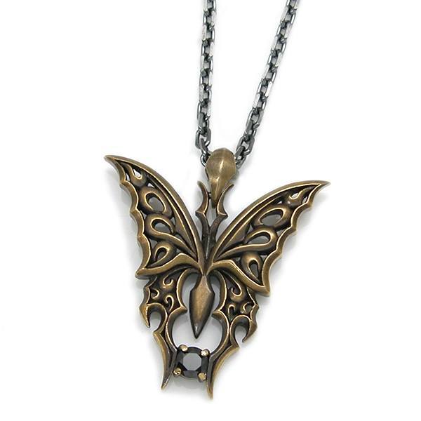 送料無料 【Butterfly】　ブラックキュービック×真鍮×シルバーペンダント [DT-288] 